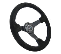 NRG Reinforced Steering Wheel (350mm / 3in. Deep) Blk Suede/Blue BBall Stitch w/5mm Matte Blk Spokes - My Store