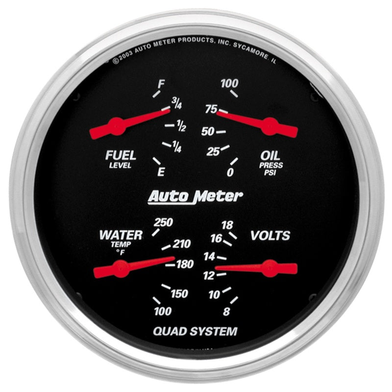 Autometer Designer Black 5in Quad Gauge - Fuel Level / Oil Pressure / Water Temperature / Voltmeter - My Store