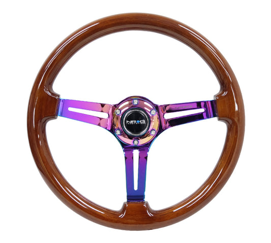 NRG Reinforced Steering Wheel (350mm / 3in. Deep) Brown Wood w/Blk Matte Spoke/Neochrome Center Mark - My Store