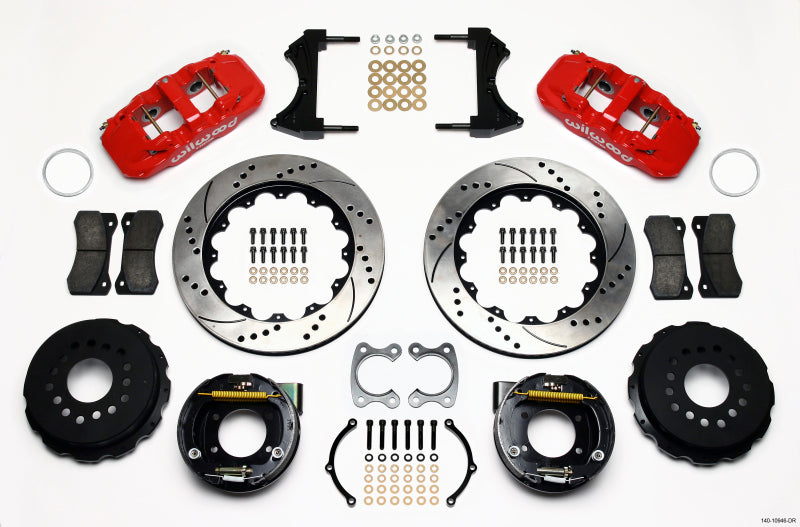 Wilwood Aero4 Rear P-Brake Kit 14.00in Drilled Red Small Ford 2.66in Offset - Mammoth Racing -