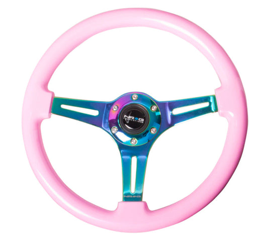 NRG Classic Wood Grain Steering Wheel (350mm) Solid Pink Painted Grip w/Neochrome 3-Spoke Center - My Store