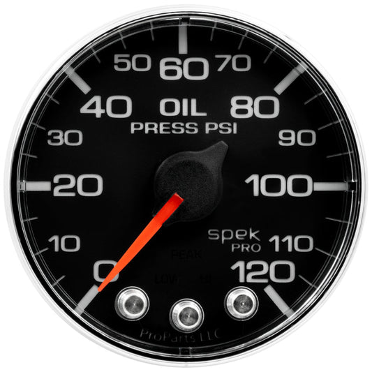 Autometer Spek-Pro Gauge Oil Press 2 1/16in 120psi Stepper Motor W/Peak & Warn Blk/Chrm - My Store