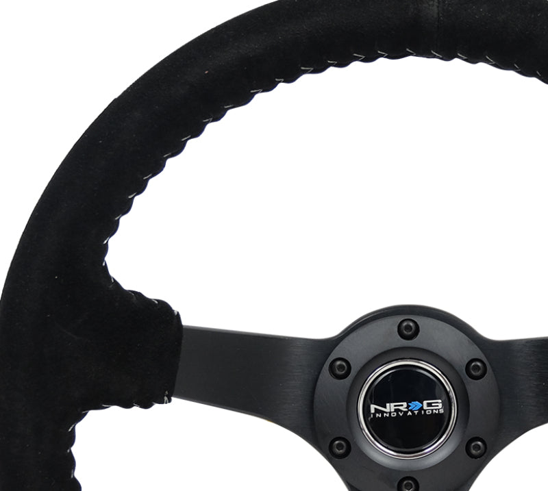 NRG Reinforced Steering Wheel (350mm / 3in. Deep) Blk Suede/Silver BBall Stitch w/5mm Mt. Blk Spokes - My Store
