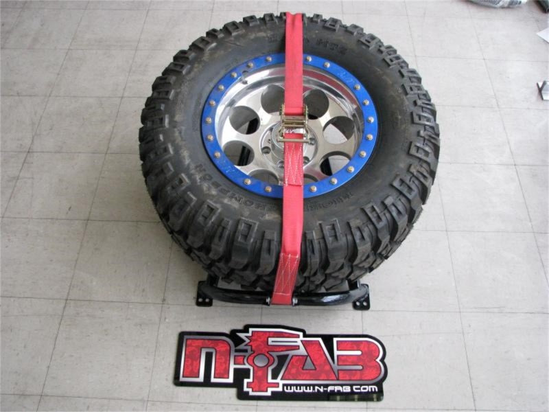 N-Fab Bed Mounted Tire Carrier Universal - Gloss Black - Red Strap - Mammoth Racing -