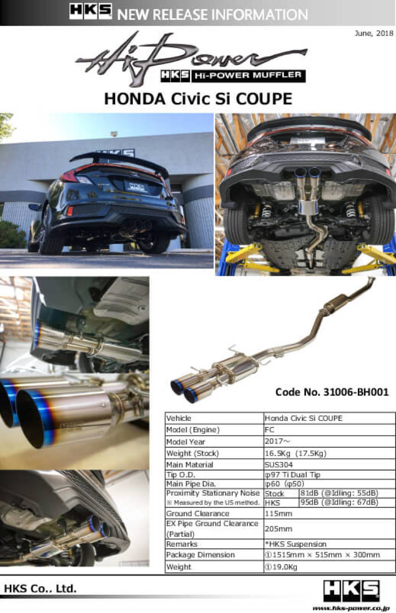 HKS Hi-Power Muffler for Civic SI Coupe (FC3) - Mammoth Racing -