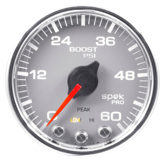 Autometer Spek-Pro Gauge Boost 2 1/16in 60psi Stepper Motor W/Peak & Warn Slvr/Chrm - My Store