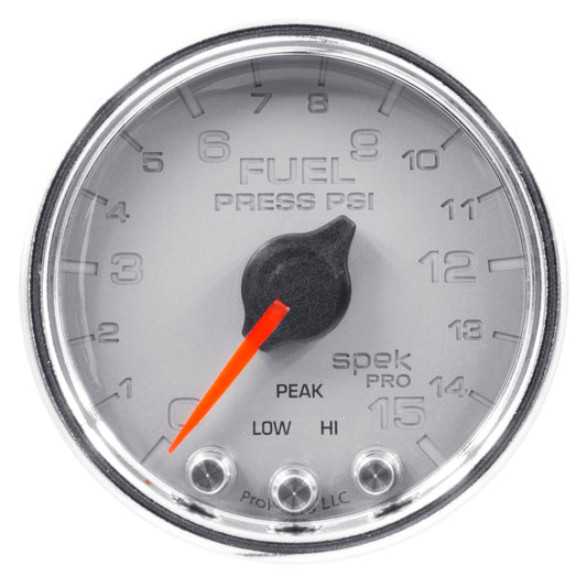 Autometer Spek-Pro Gauge Fuel Press 2 1/16in 15psi Stepper Motor W/Peak & Warn Slvr/Chrm - My Store