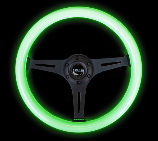 NRG Classic Wood Grain Steering Wheel (350mm) Glow-N-The-Dark Green Grip w/Black 3-Spoke Center - My Store