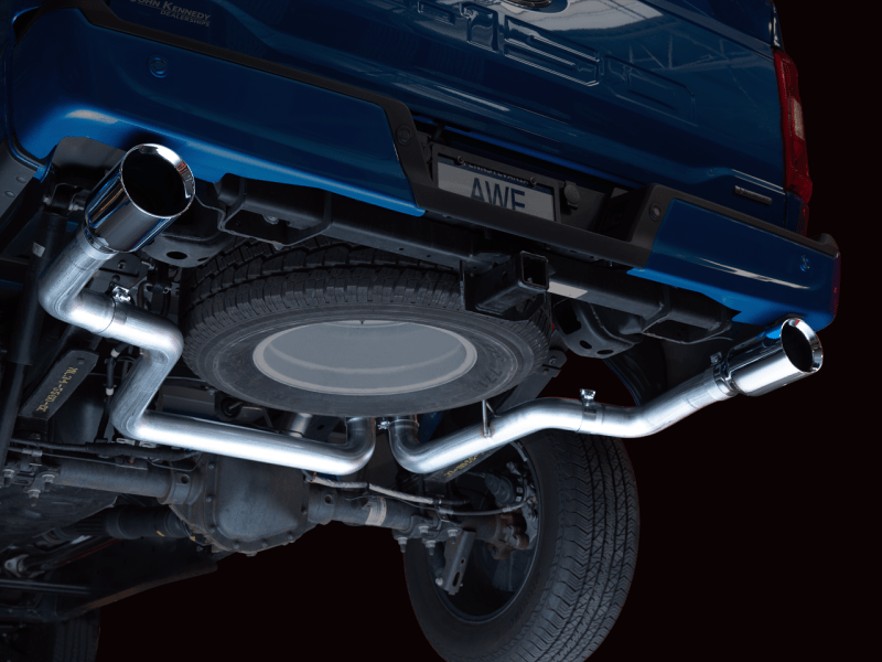AWE 0FG 21+ Ford F150 Dual Split Rear Exhaust - 5in Chrome Silver Tips - My Store