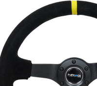 NRG Reinforced Steering Wheel (350mm / 3in. Deep) Blk Suede/X-Stitch w/5mm Blk Spoke & Yellow CM - My Store