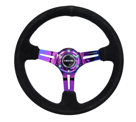 NRG Reinforced Steering Wheel (350mm / 3in. Deep) Blk Suede/Red Stitch w/Neochrome Slits - My Store