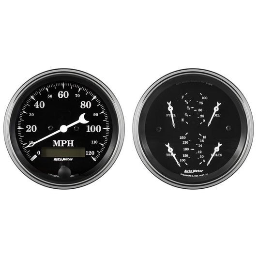 Auto Meter Gauge Kit 2 pc. Quad & Speedometer 3 3/8in Old Tyme Black - My Store
