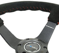 NRG Reinforced Steering Wheel (350mm / 3in. Deep) Blk Suede/Red BBall Stitch w/5mm Matte Blk Spokes - My Store