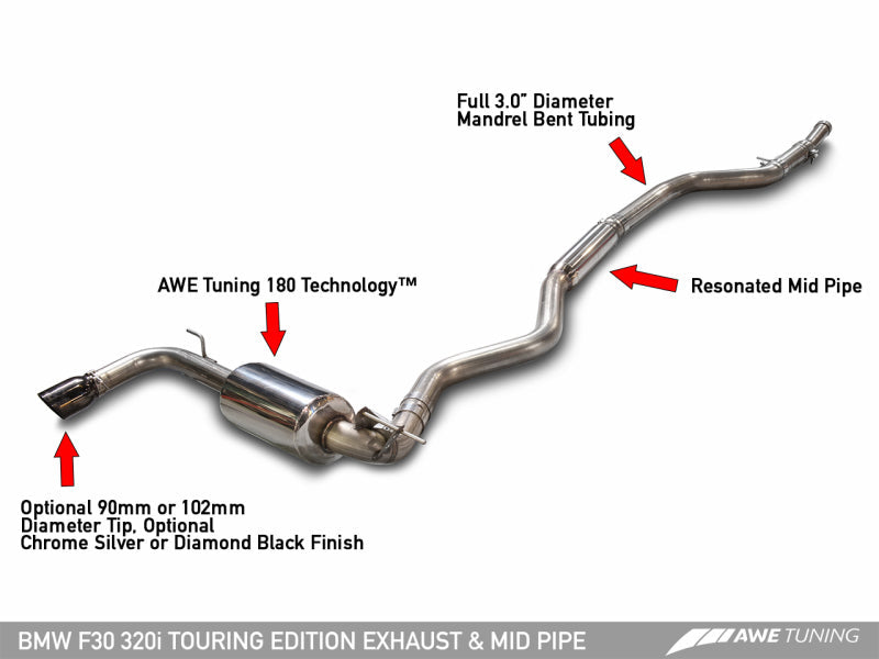 AWE Tuning BMW F30 320i Touring Exhaust w/Performance Mid Pipe - Chrome Silver Tip (90mm) - Mammoth Racing -