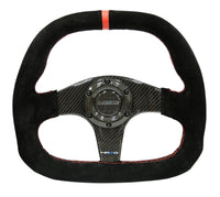 NRG Carbon Fiber Steering Wheel (320mm) Flat Btm. Blk Suede/Red Stitch w/CF Spokes & Red Center Mark - My Store