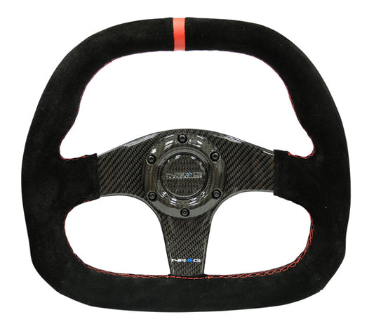 NRG Carbon Fiber Steering Wheel (320mm) Flat Btm. Blk Suede/Red Stitch w/CF Spokes & Red Center Mark - My Store