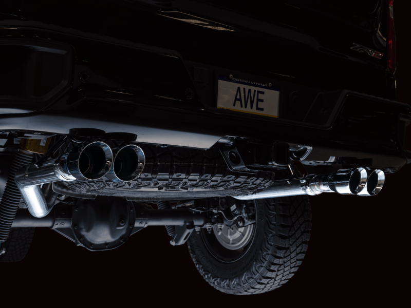 AWE Tuning 22-23 GMC Sierra 1500 AT4X 6.2L 0FG Catback Split Dual (Flat Bumper) - Chrome Silver Tips - My Store