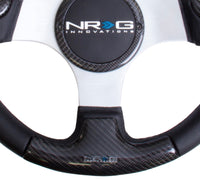NRG Carbon Fiber Steering Wheel (350mm) Silver Frame Blk Stitching w/Rubber Cover Horn Button - My Store