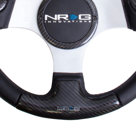 NRG Carbon Fiber Steering Wheel (350mm) Silver Frame Blk Stitching w/Rubber Cover Horn Button - My Store