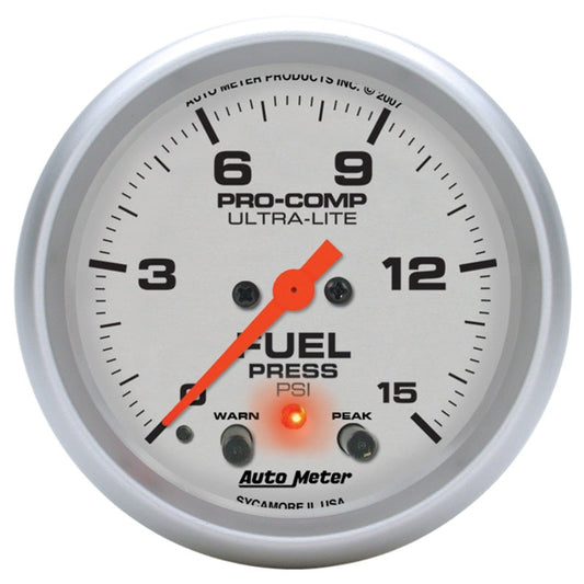 Autometer Ultra-Lite 66.7mm Full Sweep Elec 0-15 PSI Fuel Pressure w/ Peak Memory & Warning Gauge - My Store