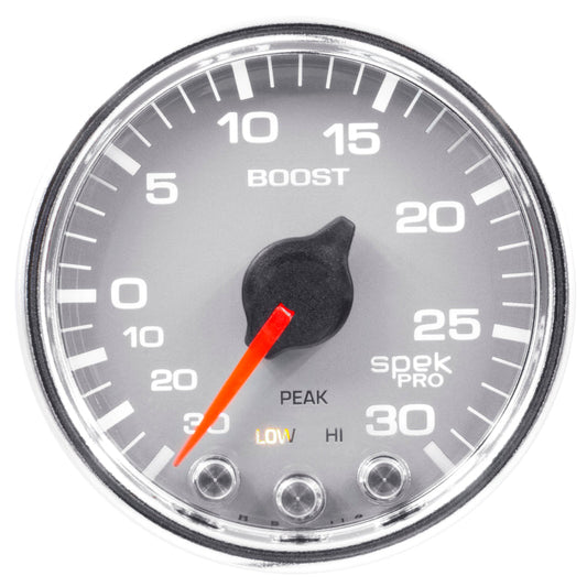 Autometer Spek-Pro Gauge Vac/Boost 2 1/16in 30Inhg-30psi Stepper Motor W/Peak & WarnSilver/Chrome - My Store