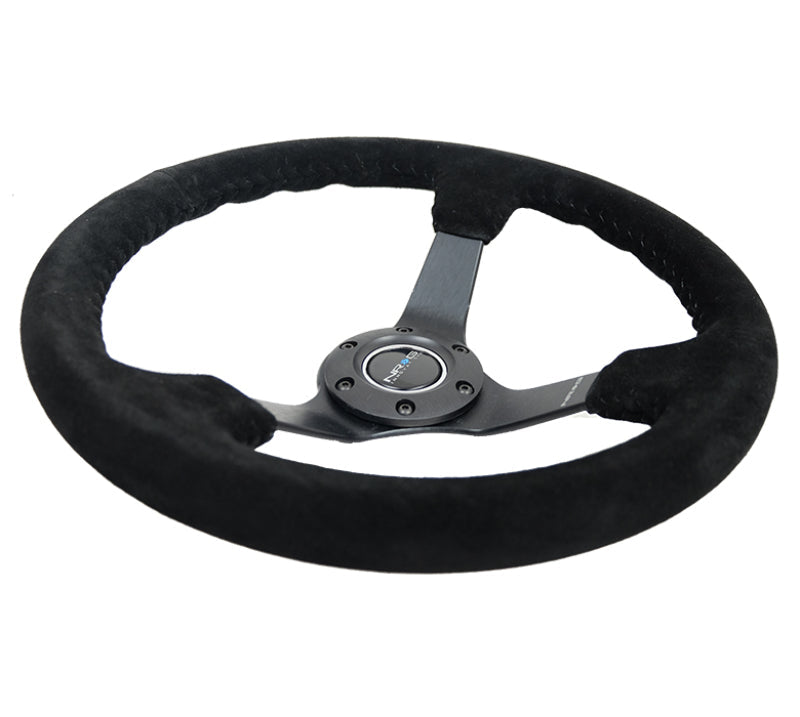 NRG Reinforced Steering Wheel (350mm / 3in. Deep) Blk Suede/Blk Bball Stitch w/5mm Matte Black Spoke - My Store