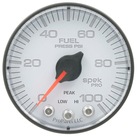 Autometer Spek-Pro Gauge Fuel Press 2 1/16in 100psi Stepper Motor W/Peak & Warn Wht/Blk - My Store