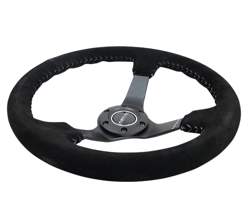 NRG Reinforced Steering Wheel (350mm / 3in. Deep) Blk Suede/Silver BBall Stitch w/5mm Mt. Blk Spokes - My Store