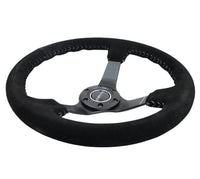 NRG Reinforced Steering Wheel (350mm / 3in. Deep) Blk Suede/Silver BBall Stitch w/5mm Mt. Blk Spokes - My Store