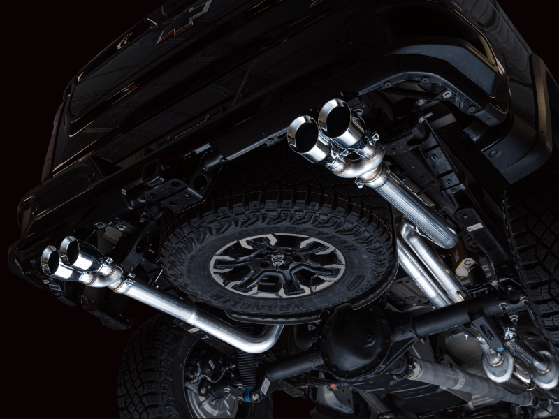 AWE Tuning 22-23 GMC Sierra 1500 AT4X 6.2L 0FG Catback Split Dual (Flat Bumper) - Chrome Silver Tips - My Store
