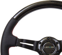 NRG Carbon Fiber Steering Wheel (350mm /1.5in. Deep) Leather Trim w/Red Stitch & Slit Cutout Spokes - My Store