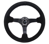 NRG Reinforced Steering Wheel (350mm / 3in. Deep) Blk Suede/Red BBall Stitch w/5mm Matte Blk Spokes - My Store