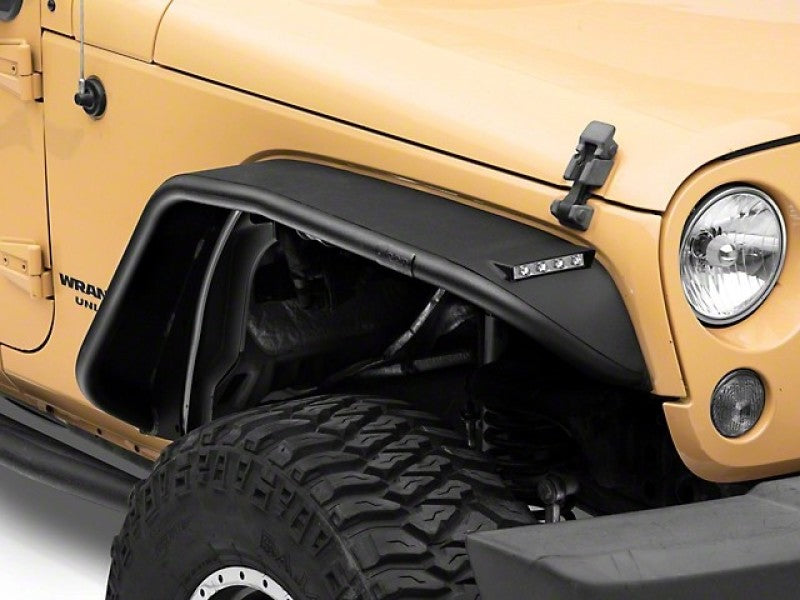 Officially Licensed Jeep 07-18 Wrangler JK Tubular Fender Flares w/ LED DRL and Jeep Logo- Front - Mammoth Racing -