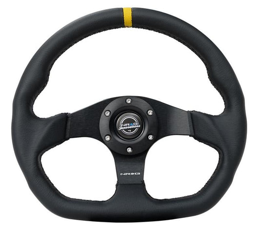 NRG Reinforced Steering Wheel (320mm) Sport Leather Flat Bottom w/ Yellow Center Mark - My Store