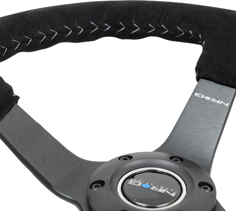 NRG Reinforced Steering Wheel (350mm / 3in. Deep) Blk Suede/Silver BBall Stitch w/5mm Mt. Blk Spokes - My Store