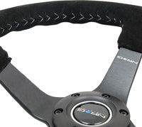 NRG Reinforced Steering Wheel (350mm / 3in. Deep) Blk Suede/Silver BBall Stitch w/5mm Mt. Blk Spokes - My Store
