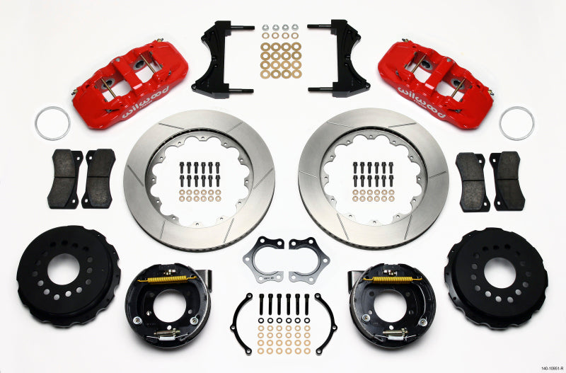 Wilwood Aero4 Rear P-Brake Kit 14.00in Red Mopar/Dana 2.36in Off w/Snap Ring Brng - Mammoth Racing -