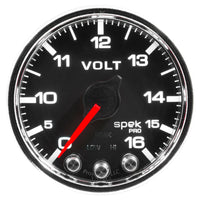 Autometer Spek-Pro Gauge Voltmeter 2 1/16in 16V Stepper Motor W/Peak & Warn Blk/Chrm - My Store