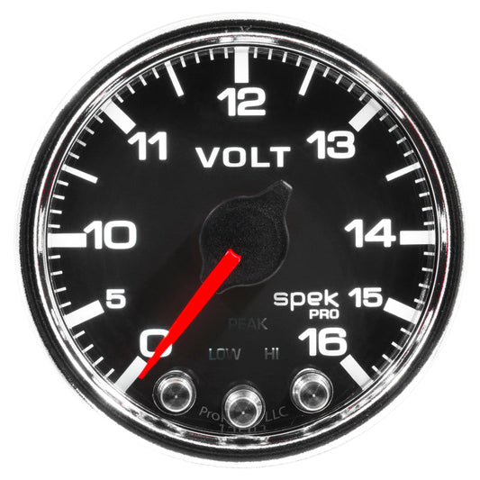 Autometer Spek-Pro Gauge Voltmeter 2 1/16in 16V Stepper Motor W/Peak & Warn Blk/Chrm - My Store