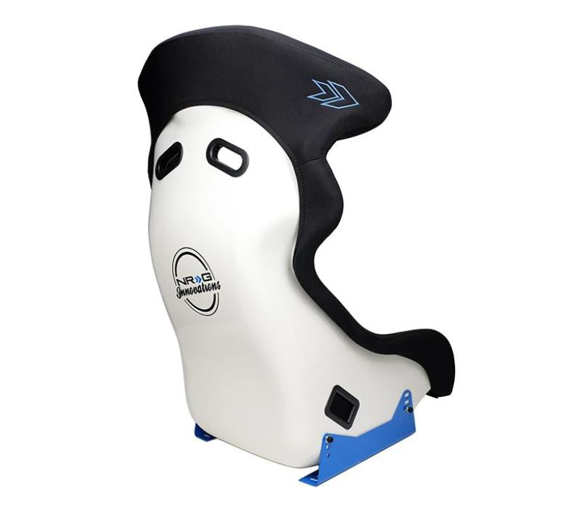 NRG FRP Bucket Seat - White Finish with Arrow Embroidery And Blue Side Mount Bracket - My Store