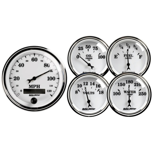 Autometer Old Tyme White II 5 Piece Kit (Elec Speed/Oil Press/Water Temp/Volt/Fuel Level) - My Store