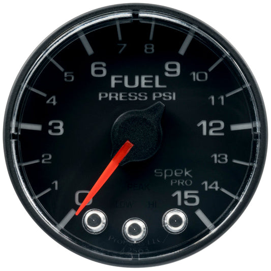 Autometer Spek-Pro Gauge Fuel Press 2 1/16in 15psi Stepper Motor W/Peak & Warn Blk/Blk - My Store