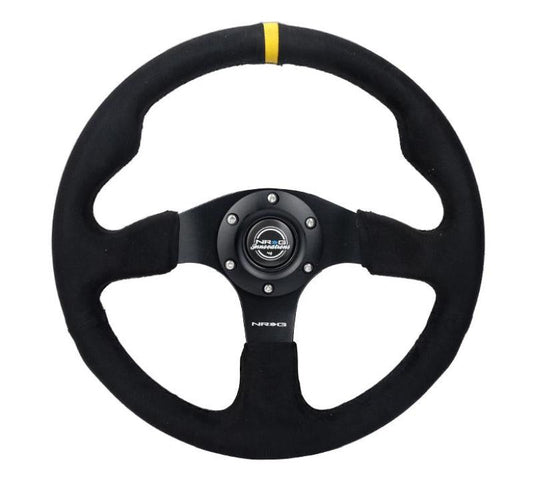 NRG Reinforced Steering Wheel (350mm/ 3in. Deep) Alcantara w/ Yellow Center w/ Black Stitch - My Store