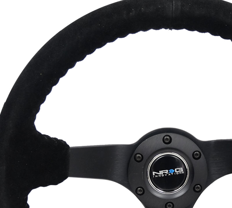 NRG Reinforced Steering Wheel (350mm / 3in. Deep) Blk Suede/Blk Bball Stitch w/5mm Matte Black Spoke - My Store
