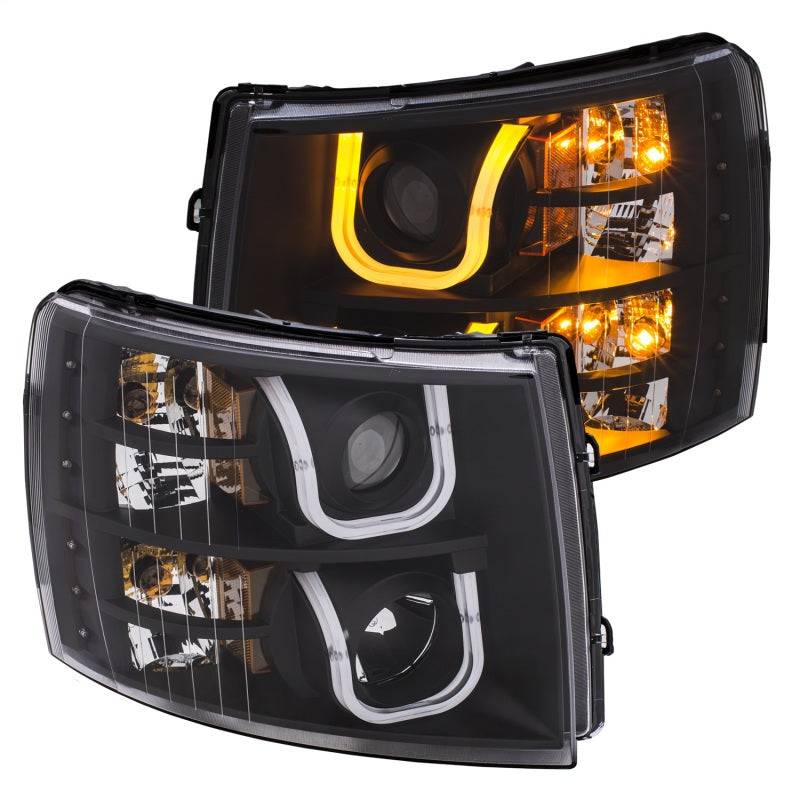 ANZO 2007-2013 Chevrolet Silverado 1500/2500 Projector Headlights w/ U-Bar Switchback Black w/ Amber - My Store