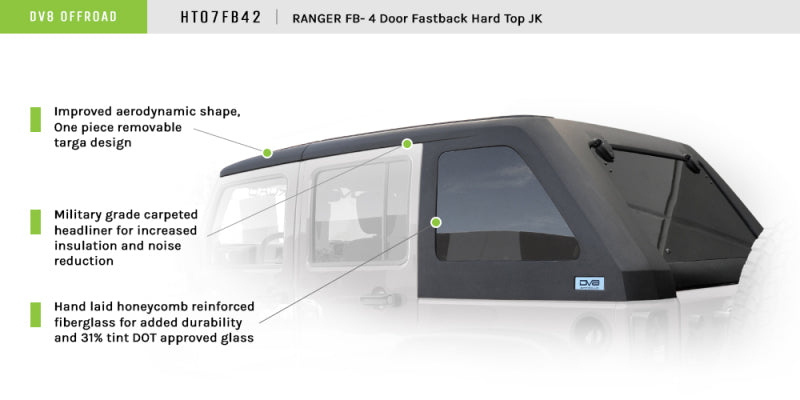 DV8 Offroad 07-18 Jeep Wrangler JK 2 Piece Fast Back Hard Top 4 Door - Black (DS Only) - Mammoth Racing -