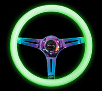 NRG Classic Wood Grain Steering Wheel (350mm) Glow-N-The-Dark Green Grip w/Neochrome 3-Spoke Center - My Store