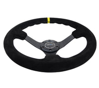 NRG Reinforced Steering Wheel (350mm / 3in. Deep) Blk Suede/X-Stitch w/5mm Blk Spoke & Yellow CM - My Store