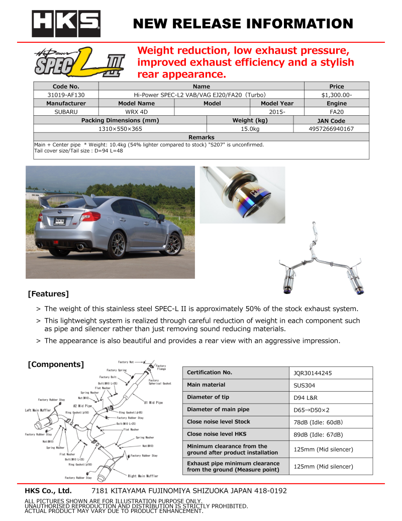 HKS Hi-Power SPEC-L2 VAB EJ20 - Mammoth Racing -