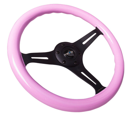 NRG Classic Wood Grain Steering Wheel (350mm) Solid Pink Painted Grip w/Black 3-Spoke Center - My Store